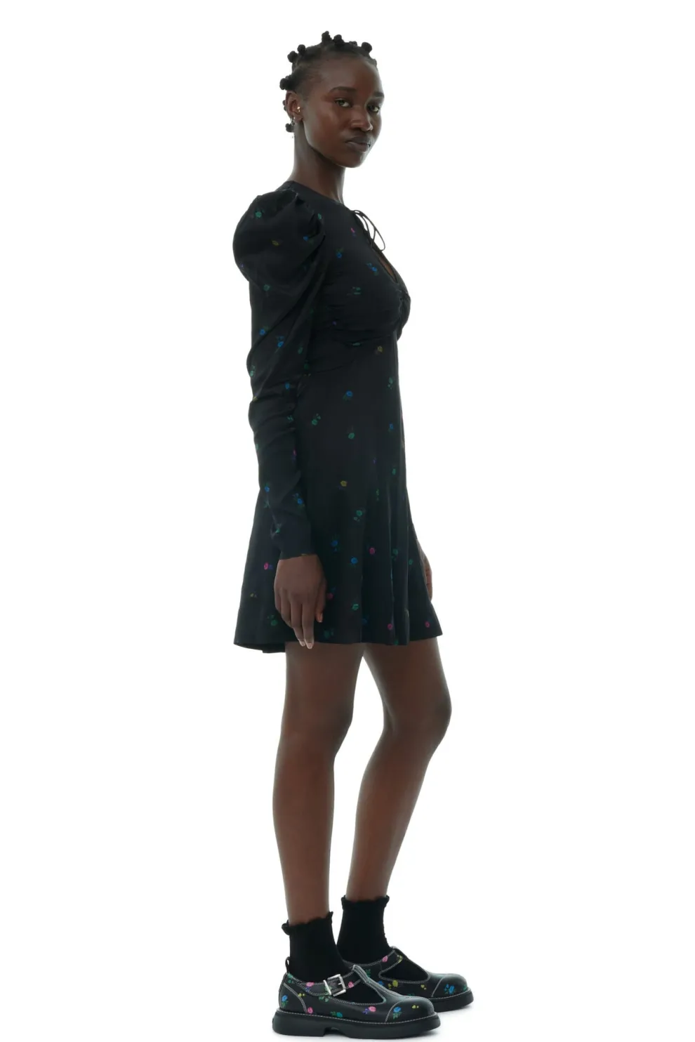 Ganni - Printed Satin Long Sleeve Mini Dress