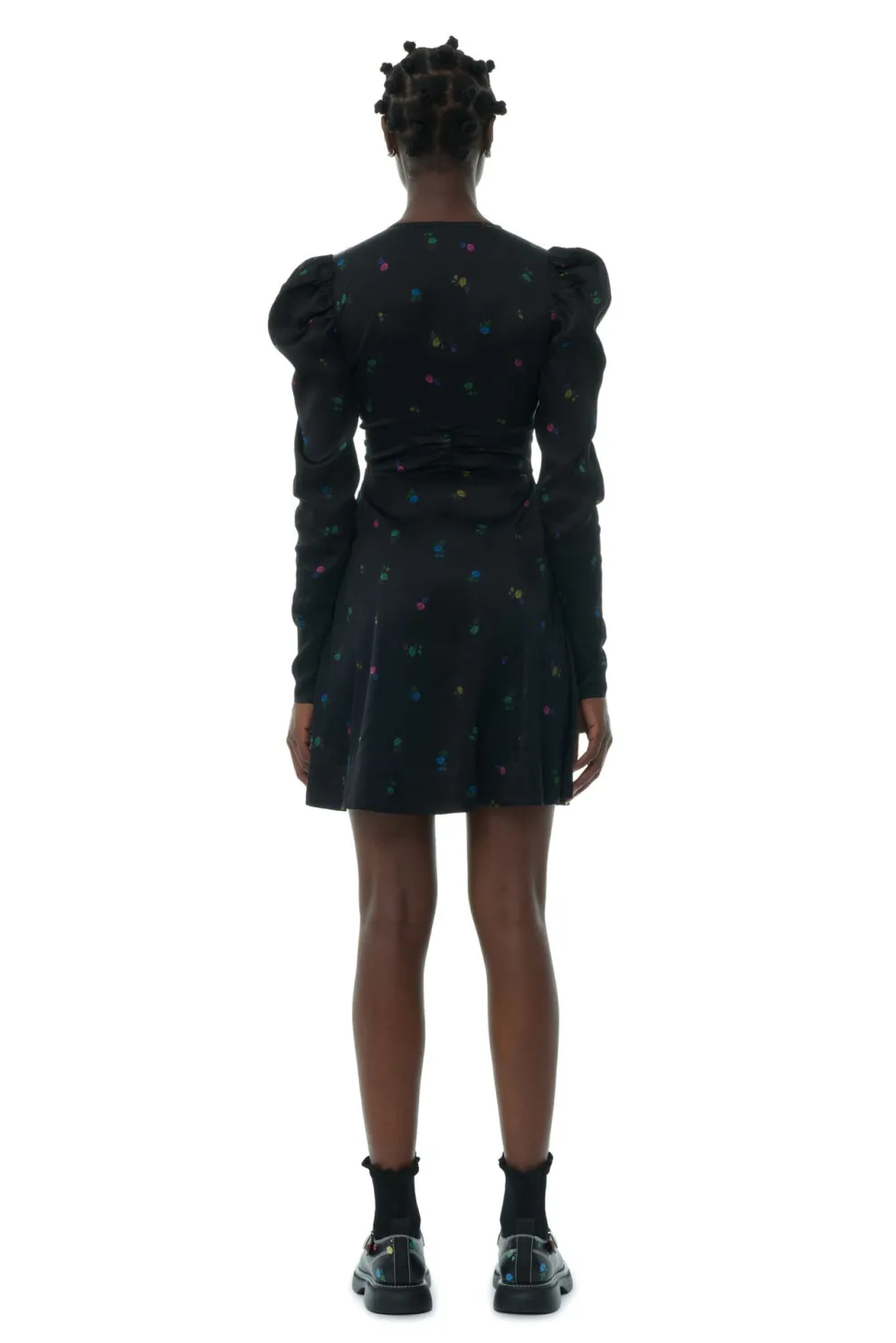 Ganni - Printed Satin Long Sleeve Mini Dress
