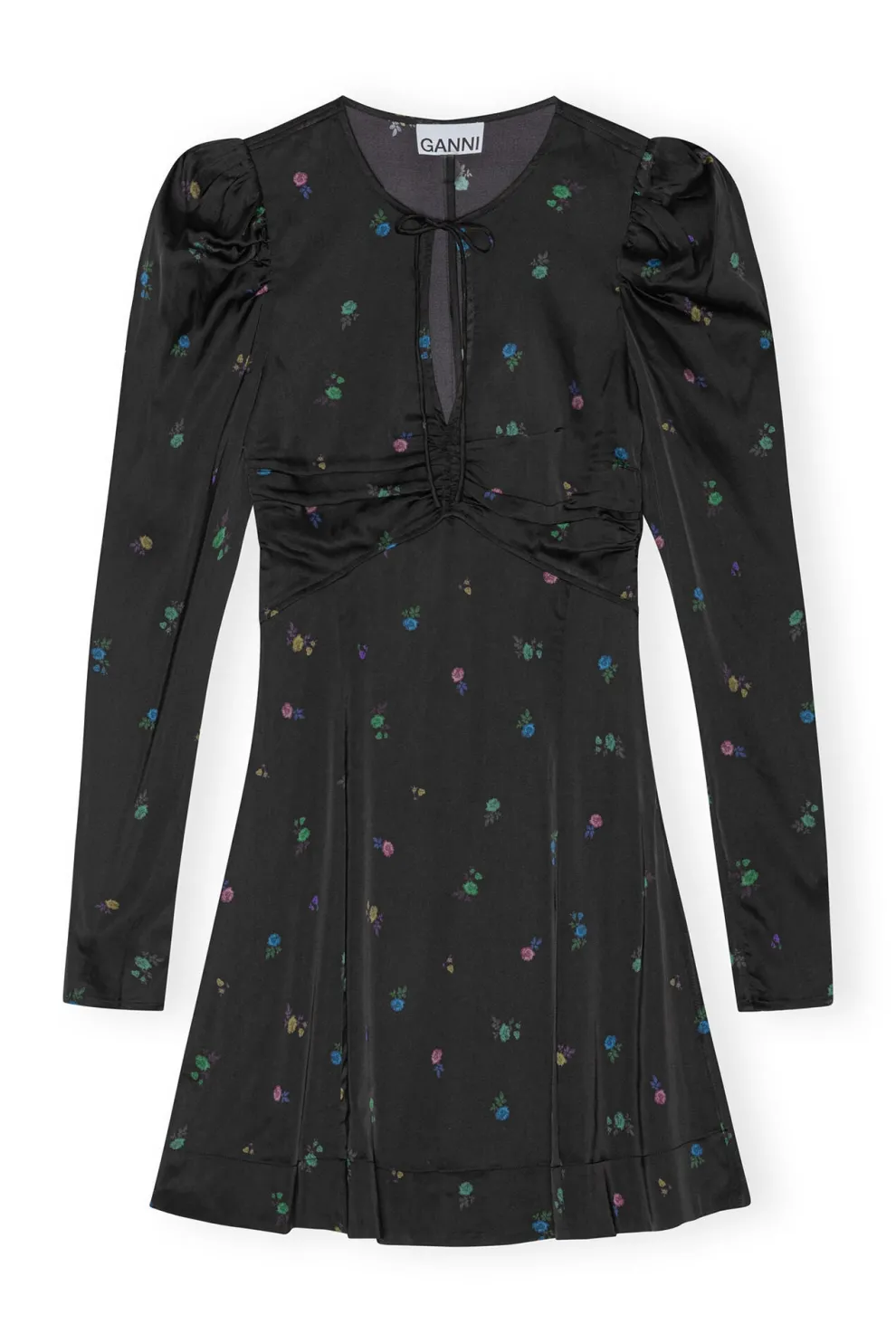 Ganni - Printed Satin Long Sleeve Mini Dress